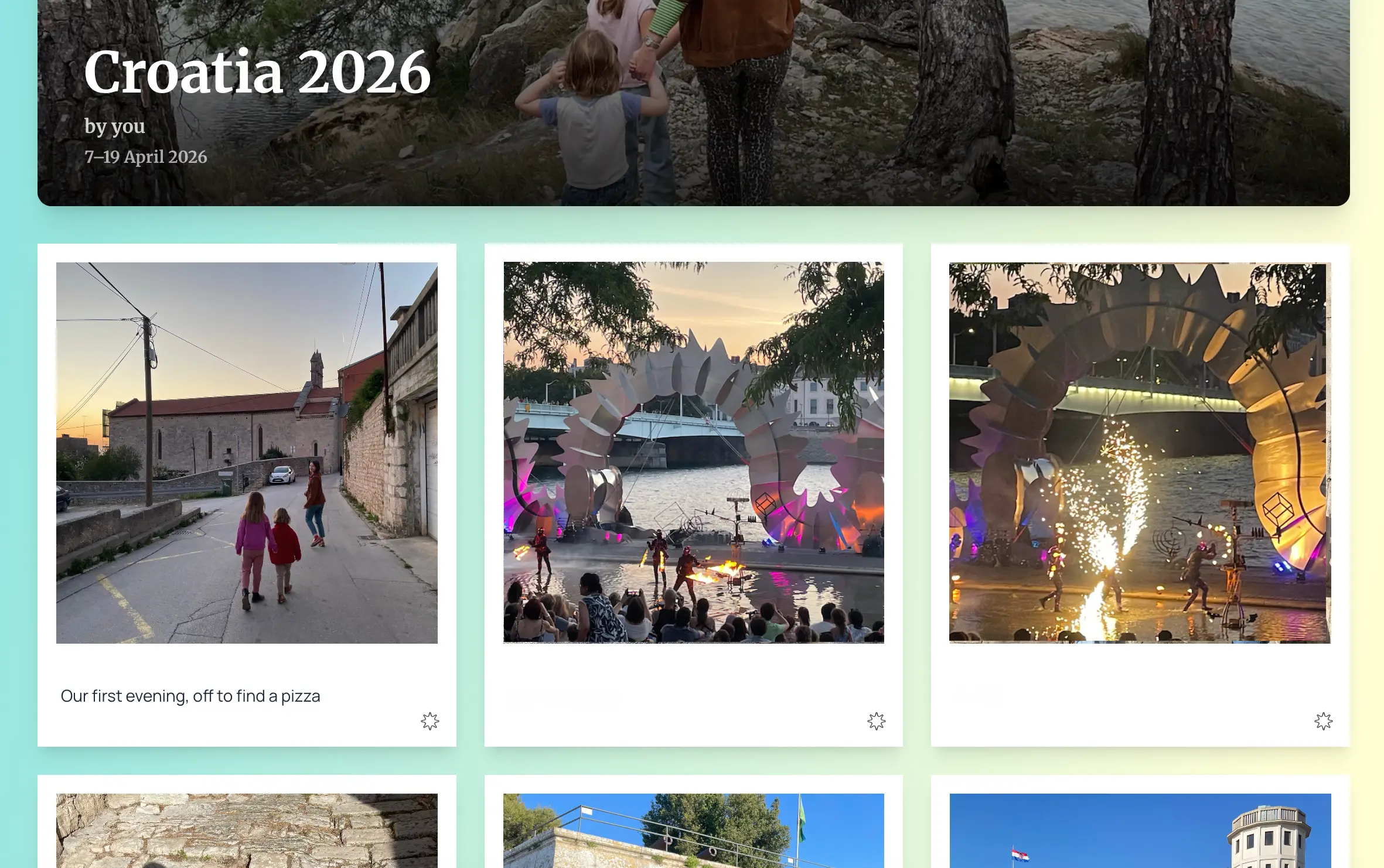 A finished Sunslider album titled Croatia 2026, showing curated trip photos in a polaroid grid