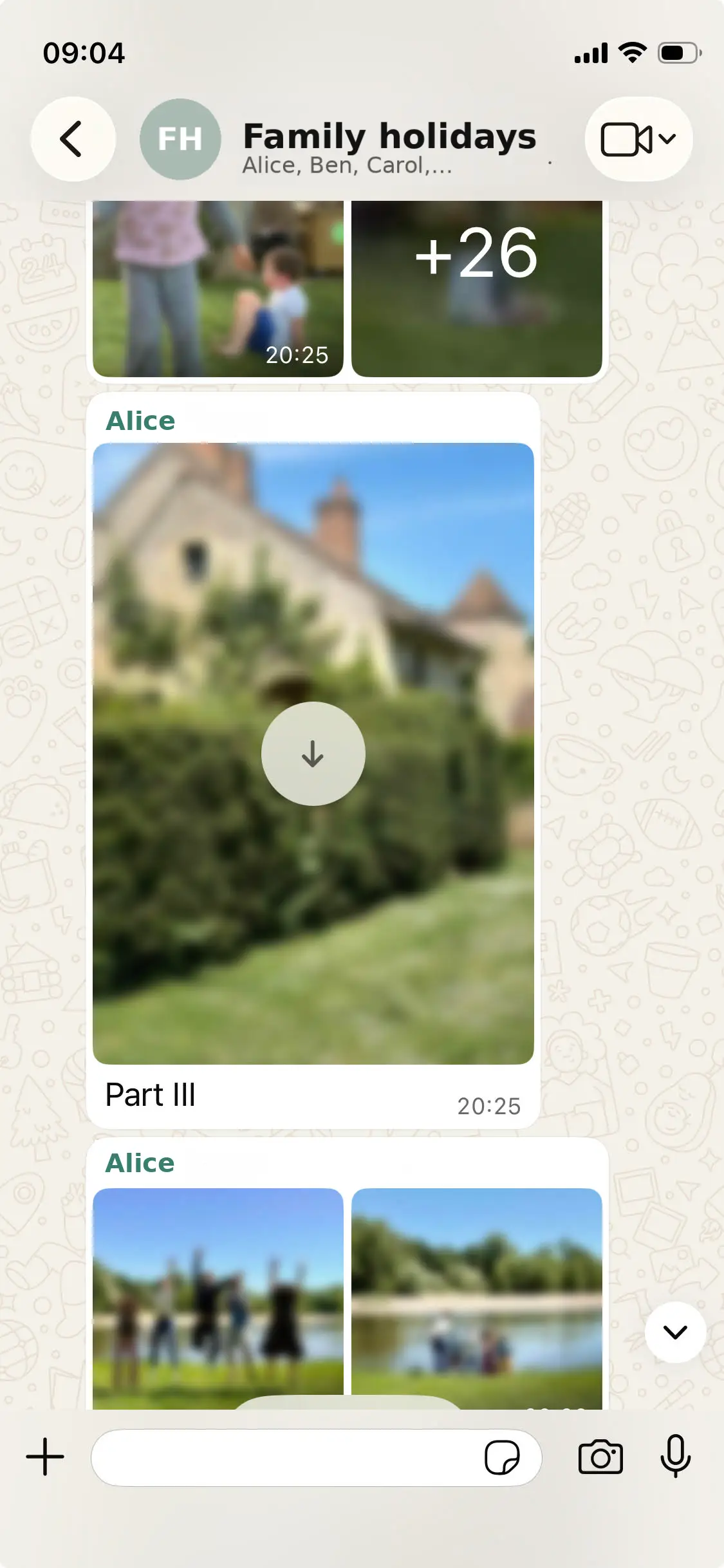 A group chat where everyone is dumping their photos from the trip
